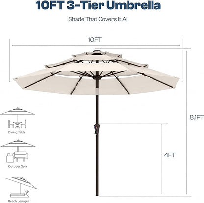 10ft 3-Tier Patio Umbrella with 32 Solar Powered LED Lights, Windproof Outdoor Market Umbrella for Deck, Poolside & Garden, Sturdy Push-Button Tilt Table Umbrella, Creamy White