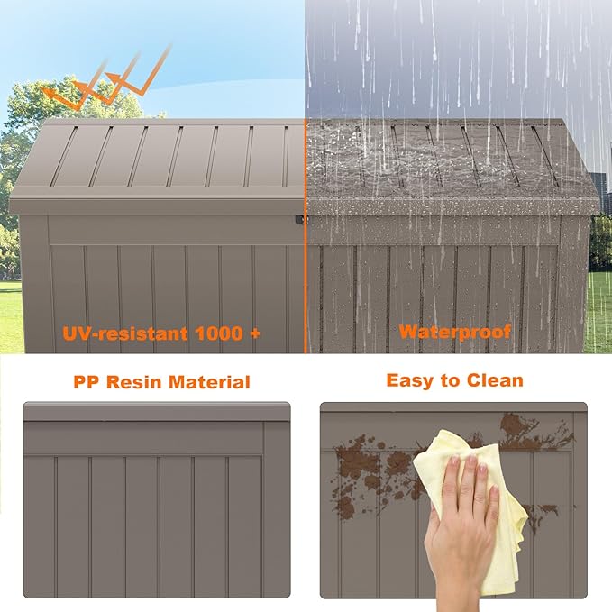280 Gallon Outdoor Storage Box Waterproof - Outside Resin Deck Box, Lockable Storage Bin for Patio Furniture,Garden Tools,Cushions,Pool Accessories(Grey)