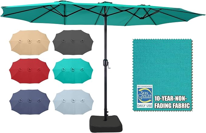 15ft Patio Umbrella with Base, 10-Year-No-Fade Large Outdoor Double-Sided Market Umbrella with UPF50+Terylene Polyester Fabric and Crank for Poolside Garden Deck Backyard Beach Pools