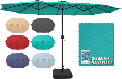 15ft Patio Umbrella with Base, 10-Year-No-Fade Large Outdoor Double-Sided Market Umbrella with UPF50+Terylene Polyester Fabric and Crank for Poolside Garden Deck Backyard Beach Pools