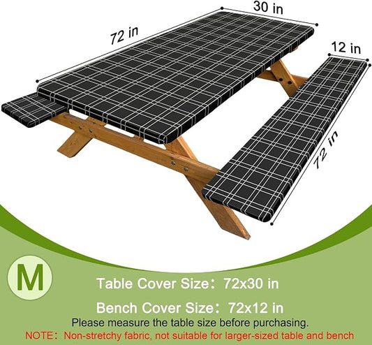 Picnic Table Cover with Bench Covers Windproof Waterproof Picnic Table Covers Camping Tablecloth with Self-Storage Bag, 72in, Black