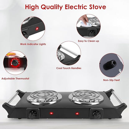 Electric Countertop Double Burner, 2000W Cooktop with Coil Hot Plate & Stay Cool Handles, 5 Level Temperature Control, Easy to Clean, Indicator Lights, Cooking Stove for Office/Home/Camping Use