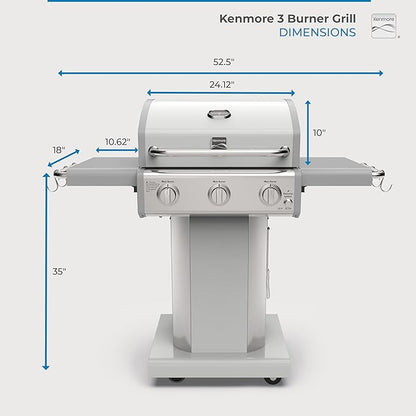 Kenmore 3-Burner Outdoor BBQ Grill | Liquid Propane Barbecue Gas Grill with Folding Sides, PG-A4030400LD-PE, Pedestal Grill with Wheels, 30000 BTU, Pearl White