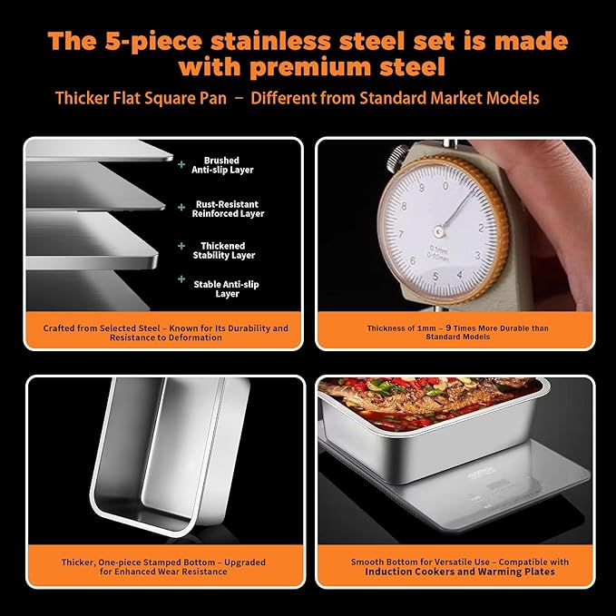 5-Piece Grill Carry System, Large Stainless Steel Grill Prep Trays for BBQ and Oven Use with Oil Drain Rack, Marinade Container with Lid, Nested Storage, Grilling Prep and Serve Trays