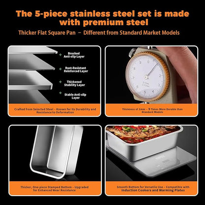 5-Piece Grill Carry System, Large Stainless Steel Grill Prep Trays for BBQ and Oven Use with Oil Drain Rack, Marinade Container with Lid, Nested Storage, Grilling Prep and Serve Trays