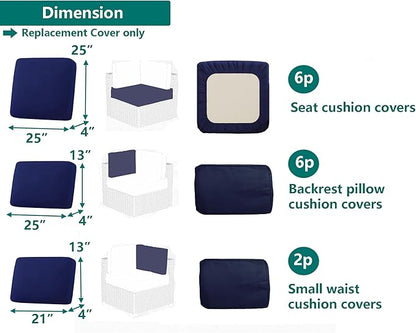 Outdoor Cushion Covers Replacement 14 Pcs, Blue | Patio Cushion Covers fit for 7Pieces 6-Seater Wicker Rattan Sectional Couch Sofa Outdoor Cushion Slipcovers Set