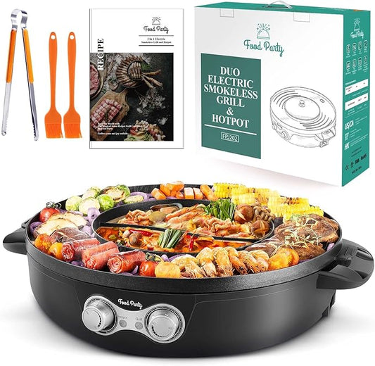 Food Party Hot Pot Electric Korean BBQ Grill Combo Hotpot Smokeless Indoor Grill 16.5" Detachable Easy Cleaning 110V 1800W Shabu Shabu Pot with Divider