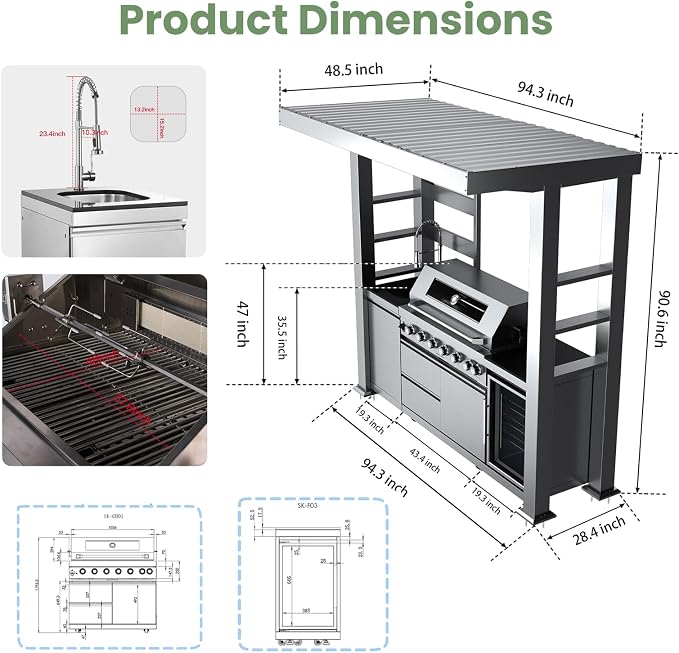 94" Stainless Steel Outdoor Kitchen Island with 6-Burner 85000 BTU,Heavy-Duty Propane Grill with Rotisserie Oven,Galvanized Steel Roof,Granite Countertops,Refrigerator,Sink.(Propane Gas)