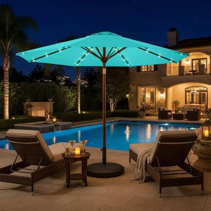 9' Solar LED Patio Umbrella with Tilt & Crank|8 Sturdy Ribs,UV Protection,Outdoor Market Table Umbrella for Deck,Lawn,Pool,Backyard(Peacock Blue)
