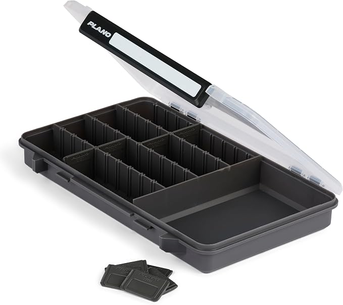 Plano StowAway 3600 50/50 Split Stow Tackle Box, 4-Pack, Corrosion-Preventive Rustricor, Single Latch Design, Transparent DuraView Lid, Stackable Storage for Fishing Bait, Lures and Gear