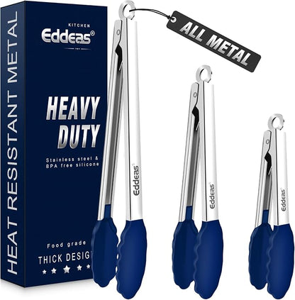 Tongs For Cooking - Silicone Metal Kitchen Tong 7" 9" & 12" Blue | 600°F Heat Resistant Silicone Tong, All Metal handle Locking Tongs with Silicone Tips, Heavy Duty Stainless steel