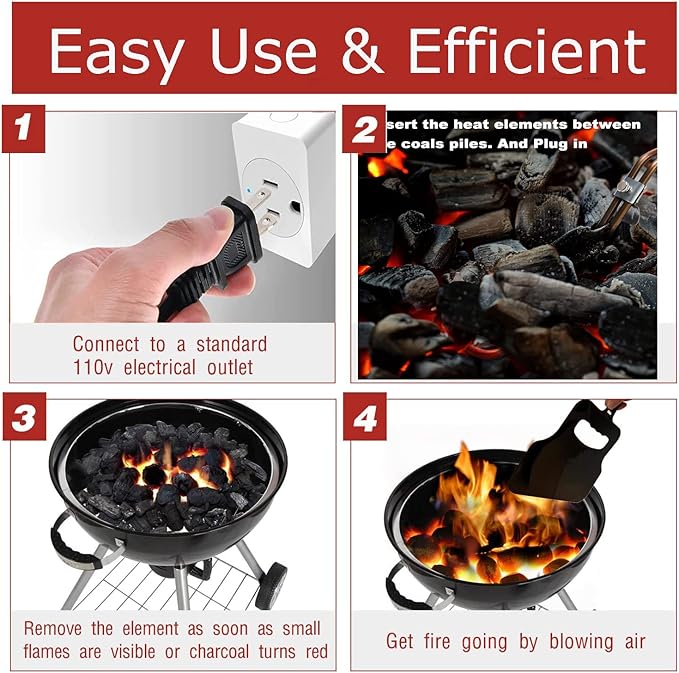 Electric Charcoal Fire Starter Lighter – BBQ Grill Starter for Fireplace Campfires Coal Quick Ignite Briquettes |No Sparks or Flames | 304 Stainless Steel Coils Elements 5ft Long Cable Cord 700W