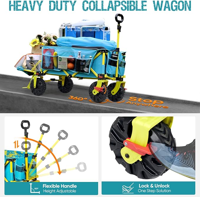 300lbs Extra Long 49" L Beach Wagon with Big Wheels with Brake for Sand, Collapsible Utility Beach Cart Heavy Duty Folding Wagon,Ideal for Outdoor Sand Camping Garden Pet