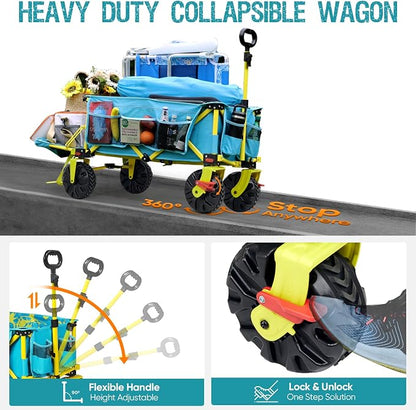 300lbs Extra Long 49" L Beach Wagon with Big Wheels with Brake for Sand, Collapsible Utility Beach Cart Heavy Duty Folding Wagon,Ideal for Outdoor Sand Camping Garden Pet