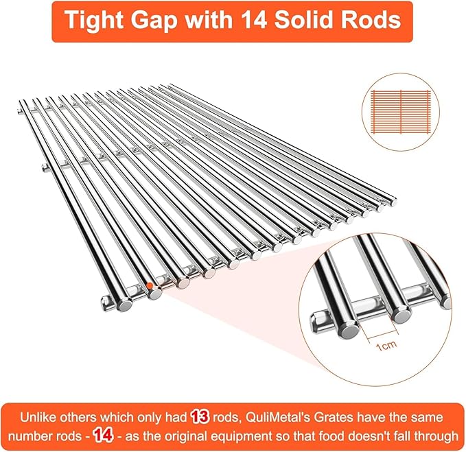QuliMetal SUS304 9MM Grill Grates for Weber Genesis II E-410/E-415/E-435, Grill Parts for Genesis II/LX E-440 Series Gas Grills, 304 Stainless Steel Grill Grates Parts for Weber GS4 66089 66097