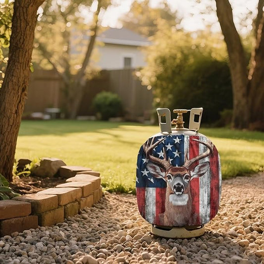 Dual Propane Tank Cover 20lb Gas Tank Cover Outdoor 600D Heavy Duty Waterproof Covers Fits Standard 20 lb Cylinder, 13.7'' x 16.5'' American Flag Deer
