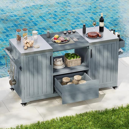 66.5" Outdoor Kitchen Island with Stainless Top & Rolling | Adjustable shelves,lockable wheels,storage cabinet,sturdy stainless top,space-saving for patio/backyard/outdoor,easy assembly