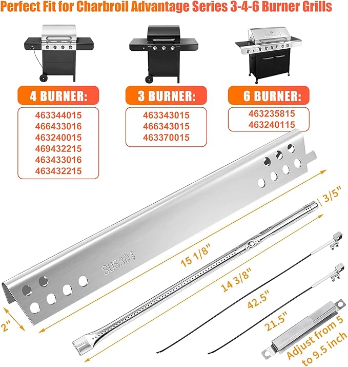 Hisencn SUS304 Stainless Steel Grill Parts Kit for Charbroil Advantage Series 4 Burner 463344015 463240015 463432215 463343015 Gas Grills 3 Burner 463436815 Grill Burners Heat Plate Replacement Parts
