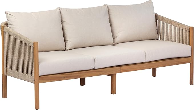 Christopher Knight Home Bubi Acacia Wood Outdoor 3 Seater Sofa with Cusion, Solid Wood Patio Sofa with Woven Rope Accents, Comfy Lounge Sofa for Patio Furniture Set, Teak+Beige