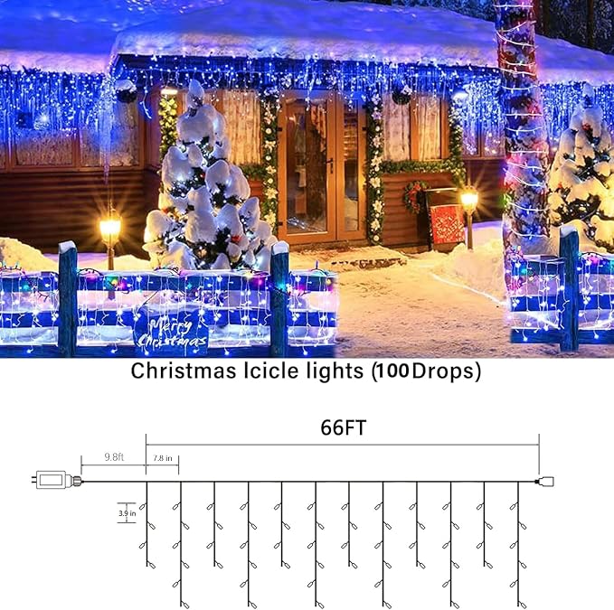 Joomer 66FT Christmas Icicle Lights Outdoor Non-Connectable Blue | 100 Drops 8 Modes Timer Waterproof Plug-in String Light for Christmas Party, holiday Eaves Roof Xmas Decorations
