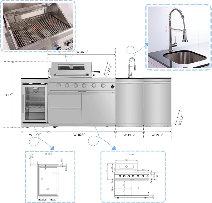 104 Inch Modular Outdoor Kitchen Island,4-Burner 72000 BTU Stainless Steel Propane Gas Outdoor Kitchen Barbecue Island with Electric Rotisserie,Sink,BBQ Grill,Refrigerator and Cabinets (Silver)