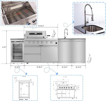 104 Inch Modular Outdoor Kitchen Island,4-Burner 72000 BTU Stainless Steel Propane Gas Outdoor Kitchen Barbecue Island with Electric Rotisserie,Sink,BBQ Grill,Refrigerator and Cabinets (Silver)