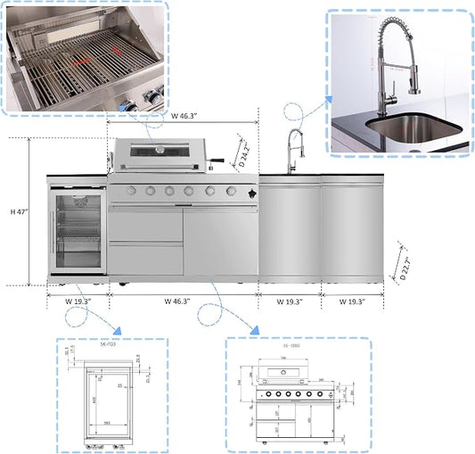 104 Inch Modular Outdoor Kitchen Island,4-Burner 72000 BTU Stainless Steel Propane Gas Outdoor Kitchen Barbecue Island with Electric Rotisserie,Sink,BBQ Grill,Refrigerator and Cabinets (Silver)