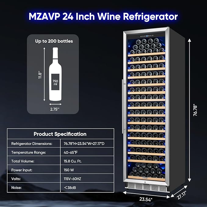 Large Wine Cooler Refrigerator 24 Inch, Upgraded 200 Bottle Wine Fridge with Professional Temperature Control, Built-in or Freestanding Tall Wine Cellar, Low Noise and Sliding Rail Shelves