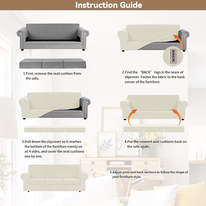 WEERRW 4 Pieces Couch Cover for Sofa Velvet Sofa Covers Washable, Ivory | Sofa Covers for 3 Cushion Couch Furniture Protector Sofa Slipcovers with Non Slip Elastic Bottom, Pet Friendly, Large