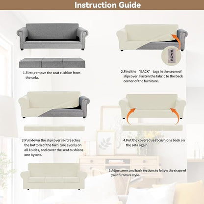 WEERRW 4 Pieces Couch Cover for Sofa Velvet Sofa Covers Washable, Ivory | Sofa Covers for 3 Cushion Couch Furniture Protector Sofa Slipcovers with Non Slip Elastic Bottom, Pet Friendly, Large
