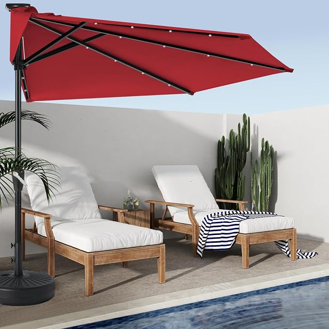 ABCCANOPY Patio Umbrella 9FT Outdoor Half Umbrella w/Solar Lights，Burgundy | Fade & UV Resistant Fabric, 5 Fiberglass Ribs, Waterproof, Air Vent, Crank Operated, Great for Patio, Backyard, Garden, Deck