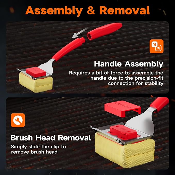 Bristle-Free Grill Brush with Heat-Resistant Kevlar Fiber Head, Red | Steam Cleaning, Replaceable No-Wire Head, 17" Handle, 4-in-1 Scraper, for Porcelain/Ceramic/Stainless Steel/Cast Iron Grate