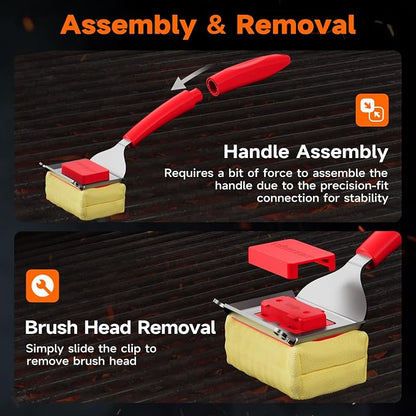 Bristle-Free Grill Brush with Heat-Resistant Kevlar Fiber Head, Red | Steam Cleaning, Replaceable No-Wire Head, 17" Handle, 4-in-1 Scraper, for Porcelain/Ceramic/Stainless Steel/Cast Iron Grate