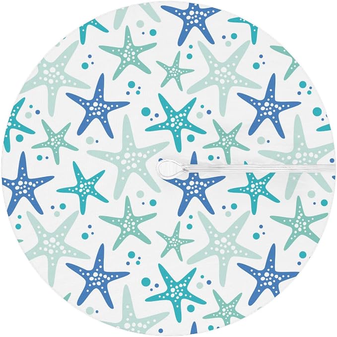 Fitted Round Tablecloth with Umbrella Hole and Zipper Starfish Outdoor Elastic Table Cloth 36"-44" Oil-Proof Waterproof Blue Starfishes Patio Table Cover for Picnic Party
