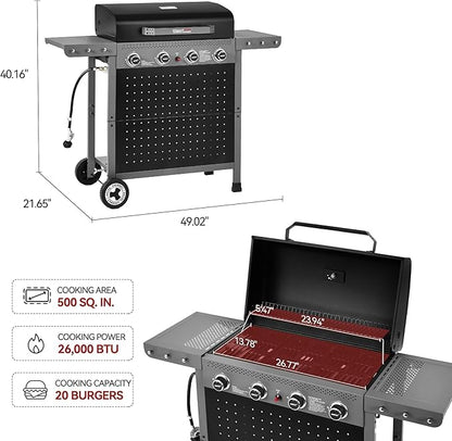 Royal Gourmet GL4001 4-Burner Gas Grill with Pegboard, 500 Sq. In. Cooking Area, 26,000 BTU, Foldable Side Shelves with Hooks, Ideal for Backyard and Patio, Black & Cool Gray