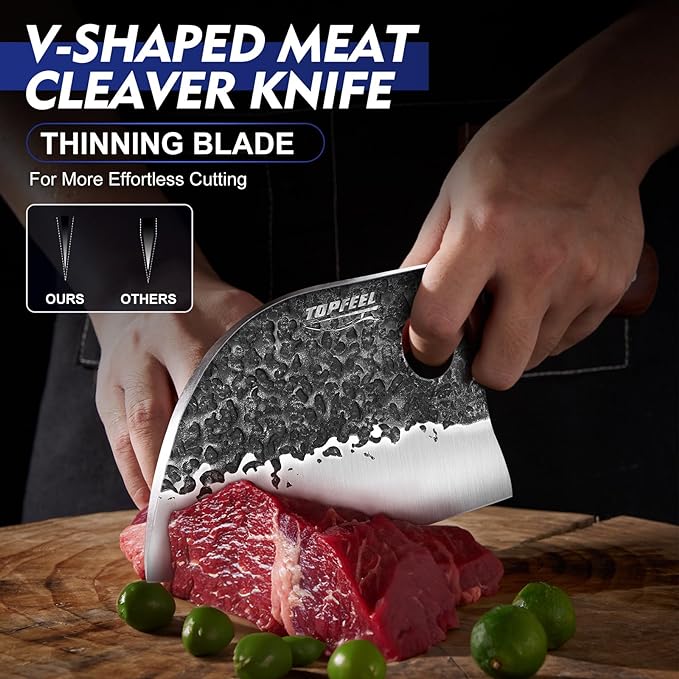 Topfeel 3PCS Butcher Knife Set, Hand Forged Serbian Chef Knives & Meat Cleaver & Viking Knives, Meat Cutting Kitchen Knife Set for Home, Outdoor Cooking, Camping BBQ Gift Idea Men
