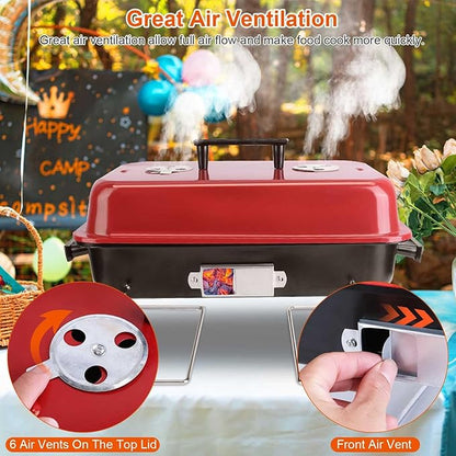 Portable Charcoal Grill with Lid for Outdoor Cooking, 6 Air Vents & Foldable Design for Camping, Backyard, Beach and Picnics
