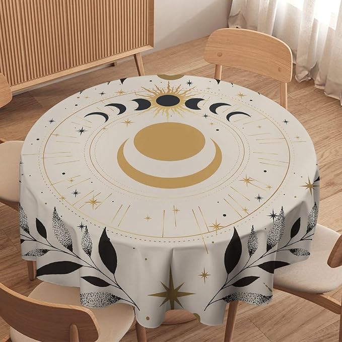 Vintage Boho Sun Moon Round Tablecloth Moon Phase Star Galaxy Space Wildflower Table Cloth Water Resistant Wipeable Table Cover for Farmhouse Picnic Party Holiday Kitchen Dinner Table 36"