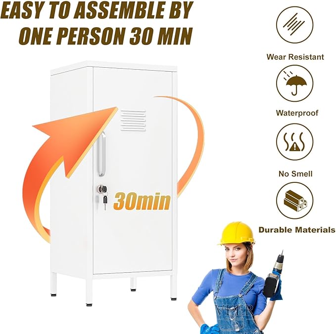 Metal Locker Cabinet, 35.4" H Home Office Storage Lockers, Vertical Steel Storage Cabinet with Locking Door and 2 Adjustable Shelves, Garage Tool File Cabinets for Home Office,Garage,Bathroom,White