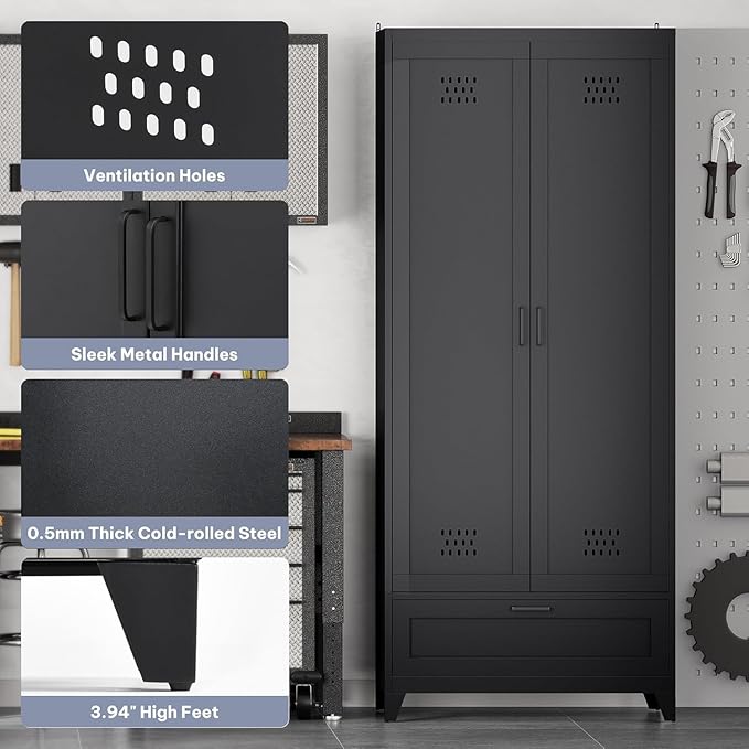 YITAHOME 71" Metal Garage Storage Cabinet with Adjustable Shelves, Black | Built-in Pegboard, Adjustable Shelves, Heavy-Duty Metal, for Garage Gym Basement Warehouse, Easy Assembly
