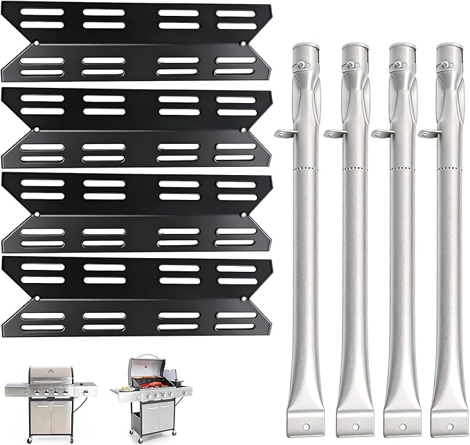 4 Packs Porcelain Steel Heat Plate and 4 Packs Burner Tube for Captiva Designs 4-Burner Propane Gas BBQ Grill with Side Burner,Replacement Parts for Outdoor Cooking Kitchen and Patio Backyard Barbecue