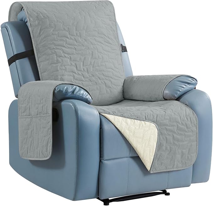 CUCRAF Non Slip Quilted Sofa Cover, Water Resistant Slipcover Furniture Protector for 1 Cushion Sofa Pet Friendly, Washable Couch Cover with Adjustable Elastic Straps (Small Recliner, Light Gray)