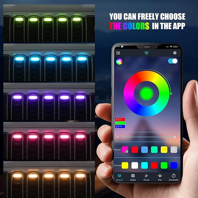 RGB LED Grille Lights Compatible with 2024-2025 Jeep Wrangler JL JLU JT,5PCS 16 Color-Changing OEM Grill Lights with APP Control Adjustable Atmosphere,Music Sync,IP68 Waterproof