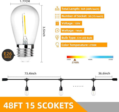 Lakumu Outdoor String Lights 96FT(48×2), Commercial Grade Heavy Duty Patio Lights with Dimmable S14 Shatterproof LED Bulbs, Linkable Waterproof Bistro Lights for Outside Deck Backyard Cafe Market