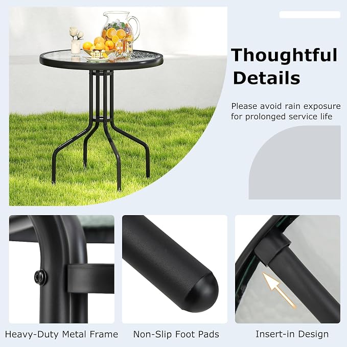 GIANTEX 27.5" Outdoor Bistro Table, Patio Round Dining Table w/Tempered Glass Tabletop & 1.57" Umbrella Hole, Heavy-Duty Metal Frame for Garden Yard Poolside Porch (27.5"x27.5"x28")