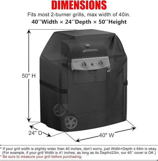 Grill Cover, 40 inch Small Gas Grill Cover for Outdoor Grill, Waterproof, Weather Resistant, UV & Fade Resistant, BBQ Grill Cover with Hook and Loop Straps, Black