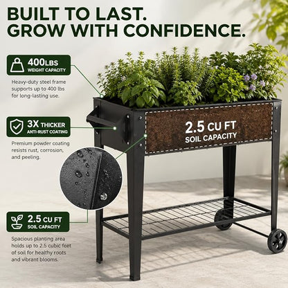 LEETOLLA Elevate 32" Raised Garden Bed with Wheels | Elevated steel planter box for outdoor vegetables, herbs, and flowers. 400 lb capacity with drainage and shelf.