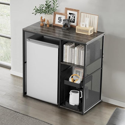 KirKical 3-Tier Slate Rustic Grey Coffee Bar Cabinet with Mini Fridge Space | Heavy-Duty Baker Rack Microwave Stand, Utility Storage Organizer Shelf for Home Kitchen Dorm