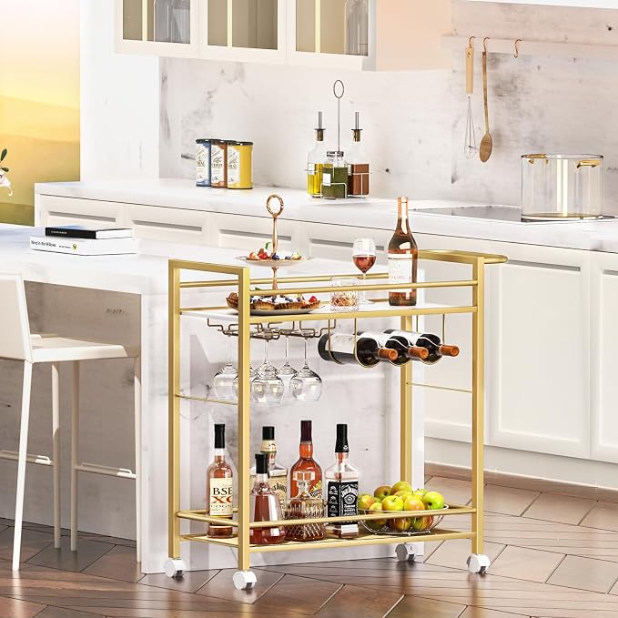 Joaxswe Bar Cart w/Wheels,Home Bar Serving Cart w/Storage Shelves,Gold | 2 Tier Rolling Beverage Cart,Modern Wine Cart w/ Wine Rack and Glass Holder for Kitchen, Living Room,Dinning Room
