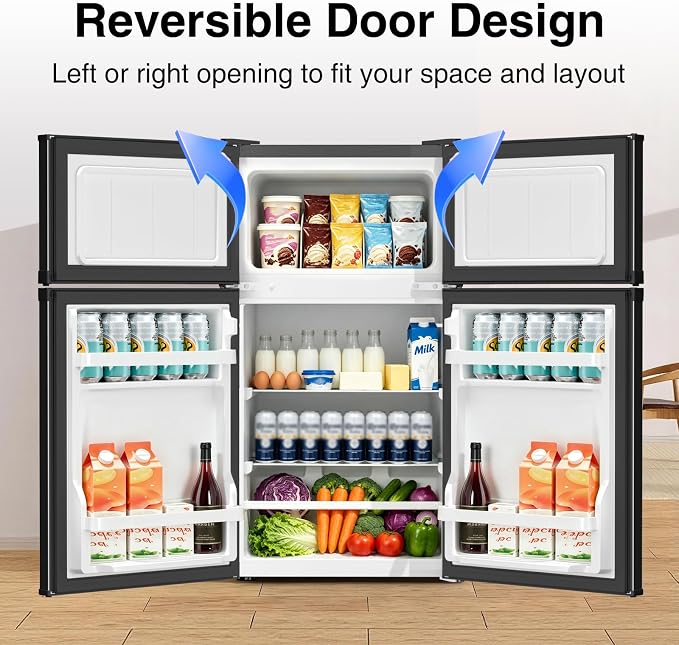 Kismile 2.5 Cu.Ft Mini Fridge with Freezer, Double Door Fridge, Silver | Reversible Door Compact Refrigerator with Mechanical Thermostat & Removable Shelves, Quiet for Bedroom Office